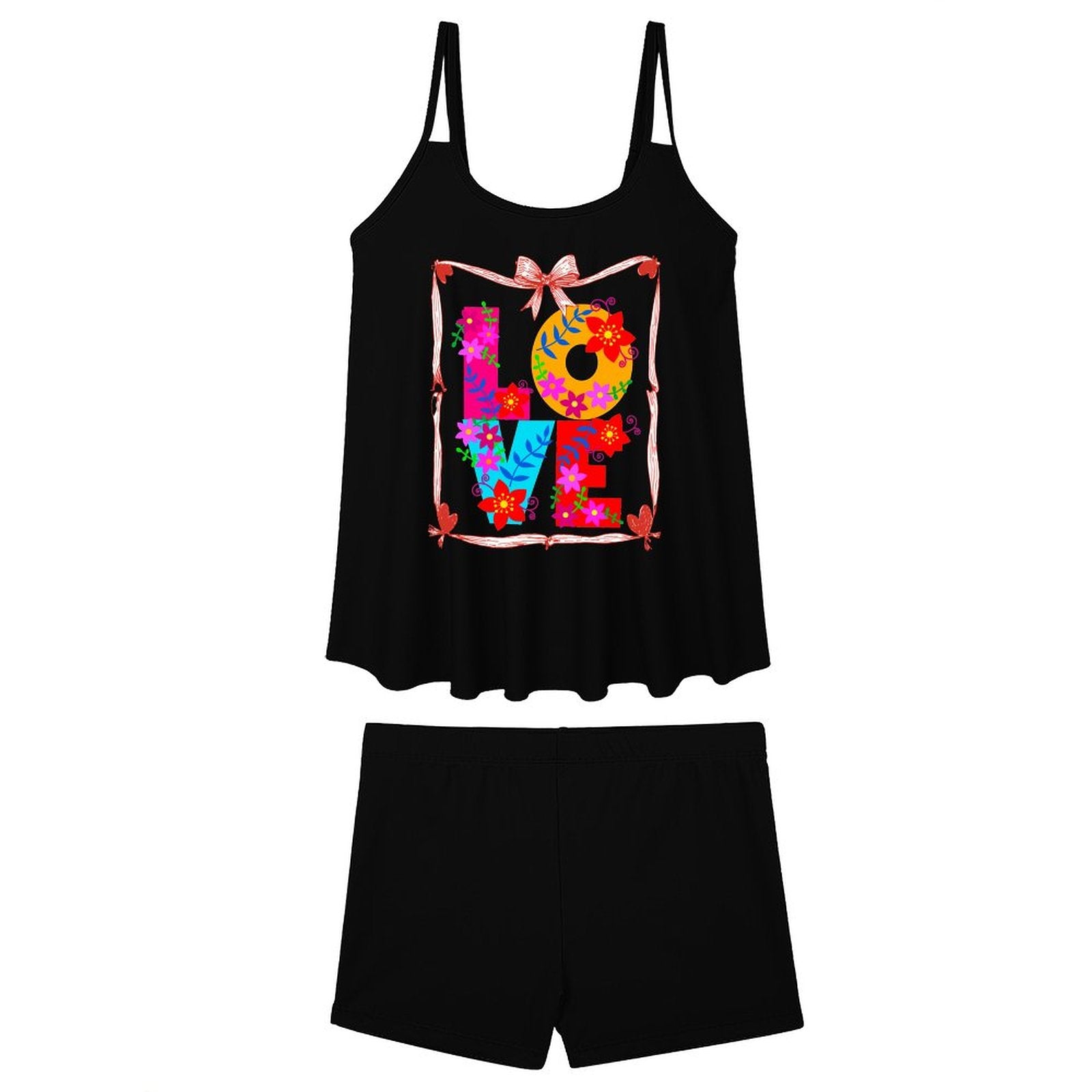 Floral LOVE Tankini Two-Piece Swimsuit for Women (Front Printing)