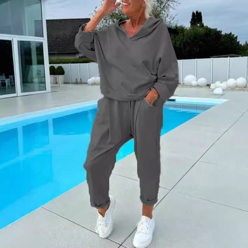 Solid Color Women's Sweatsuit Two-piece Hooded Set