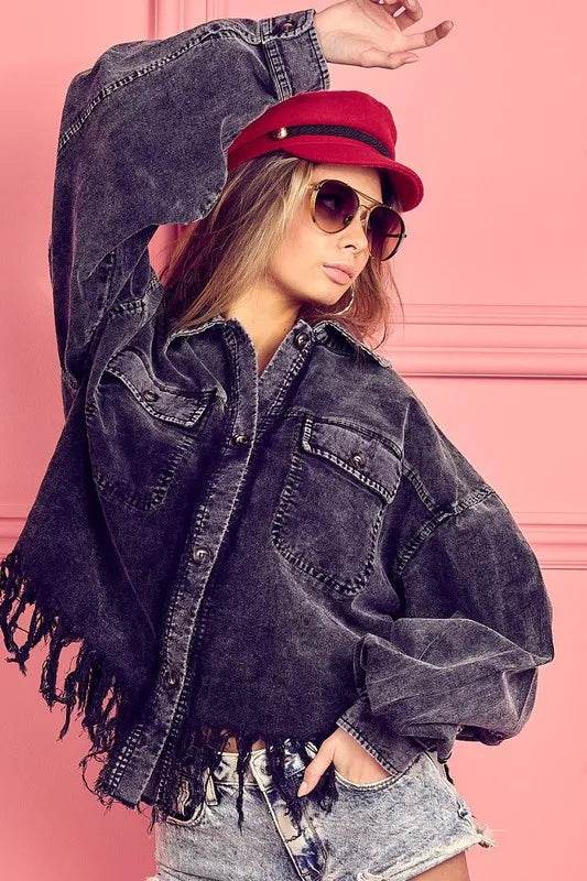 BiBi Fringe Hem Washed Corduroy Button Down Shacket