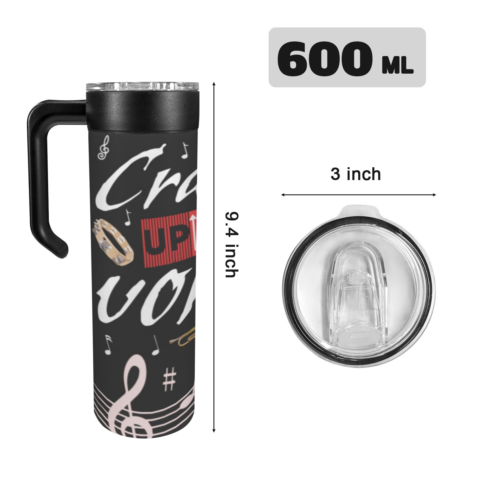 Crank Up the Volume 600ml Insulated Water Bottle with Screw On Handle