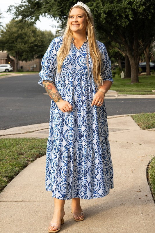 Print Lace-up Notch Neck Plus Size Maxi Dress