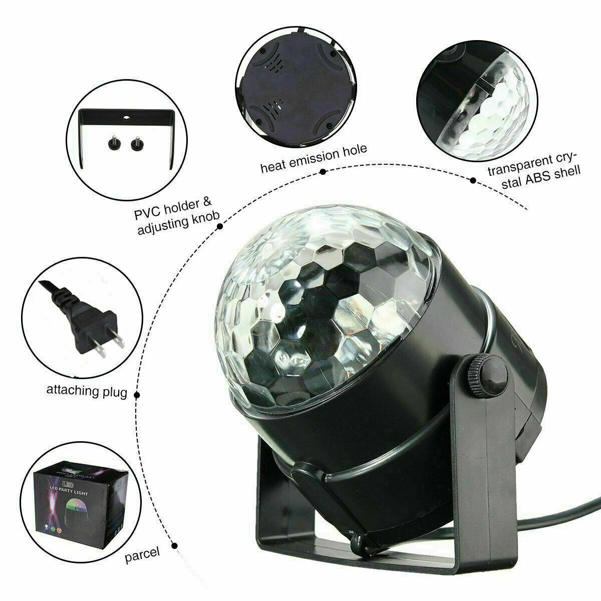 Small Portable DJ Disco Ball Strobe LED Lights Sound Activated with Remote Control