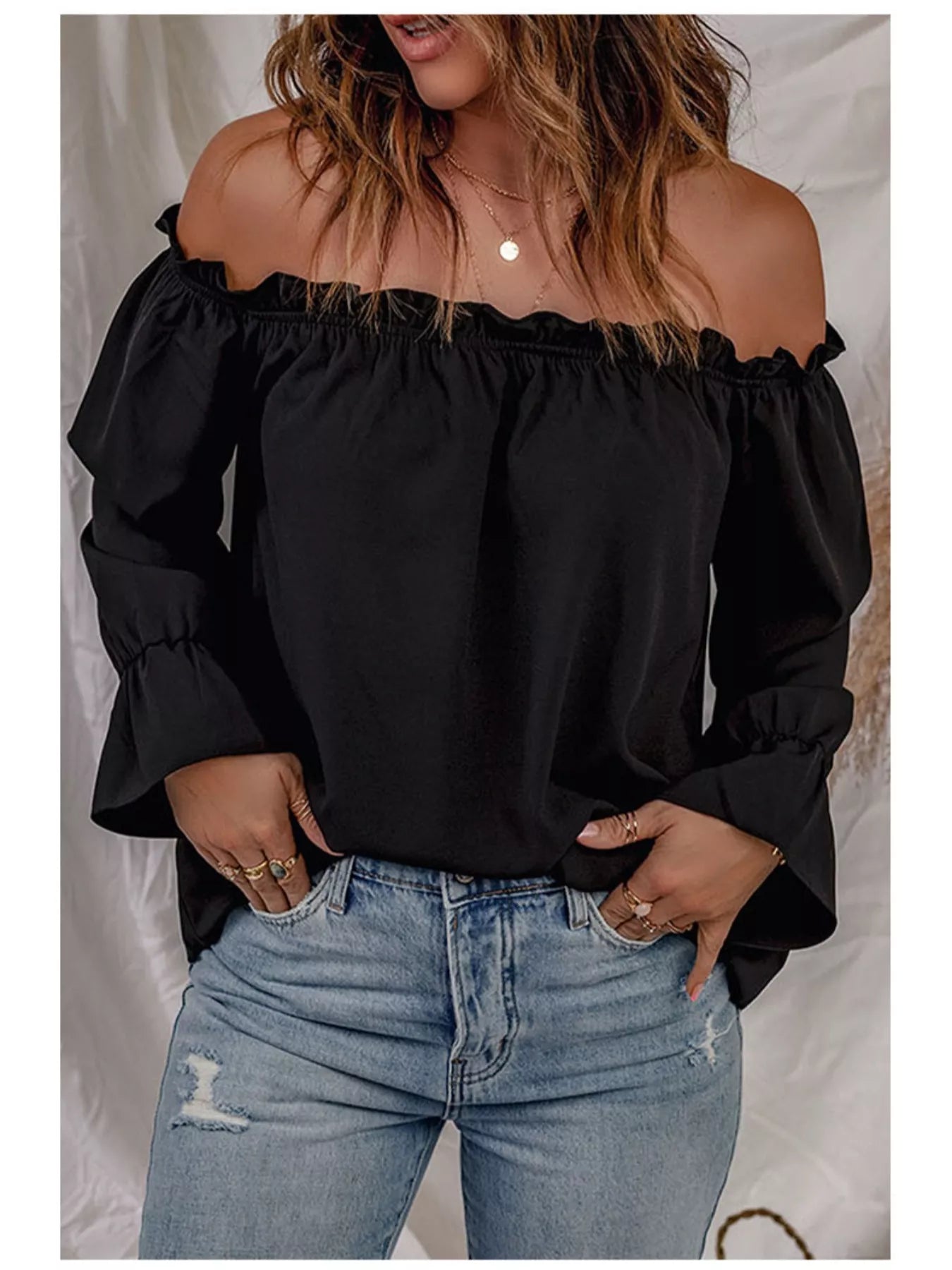 Full Size Off-Shoulder Ruffle Long Sleeve Blouse Plus Size