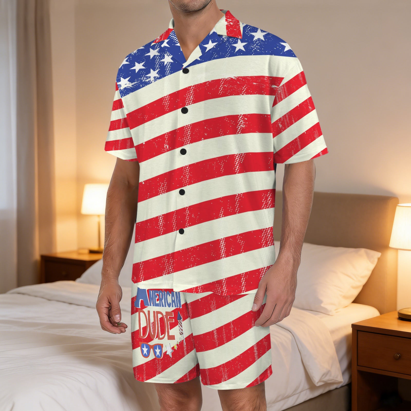 Men's All American Dude Flag Design V-neck Shorts Pajama Set (Made in USA)