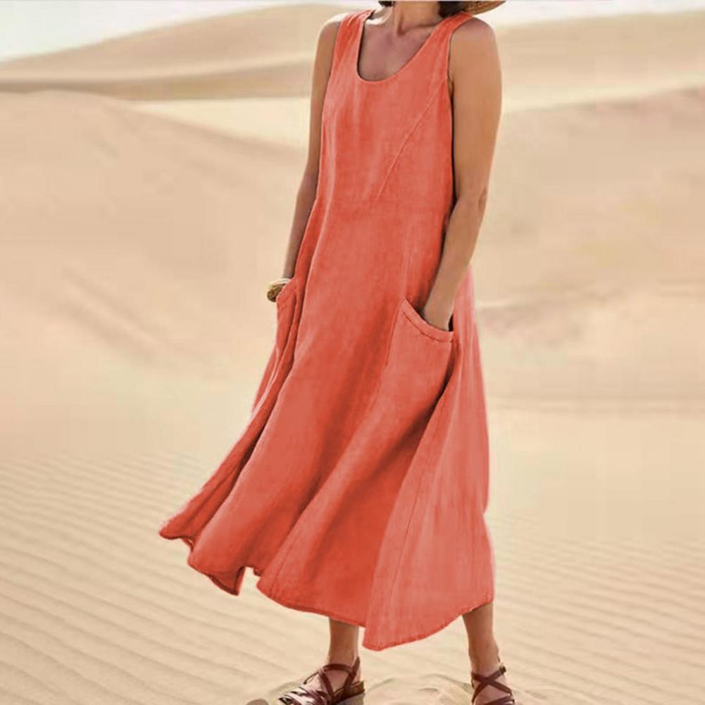 Women's Plus Size Summer Sleeveless Loose Maxi Dress With Pockets