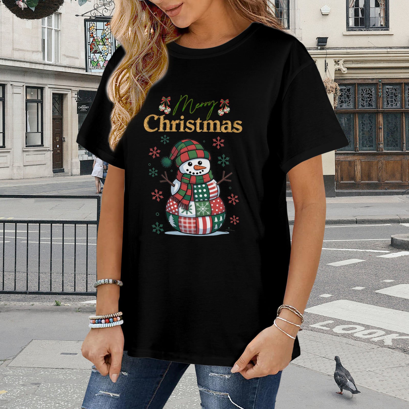 Christmas Bells Patchwork Snowman Classic Women's T-Shirt (Made in USA)