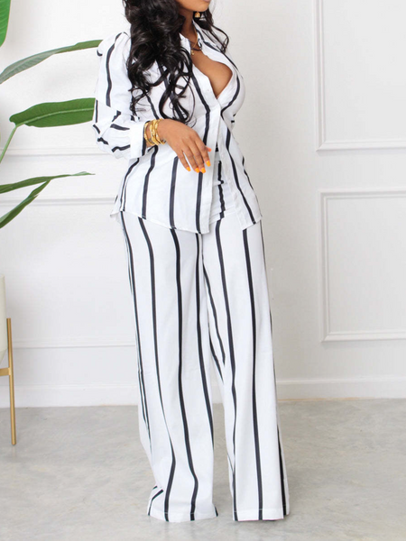 Women's Striped Printed Long-Sleeved Shirt And Trousers 2-Piece Suit