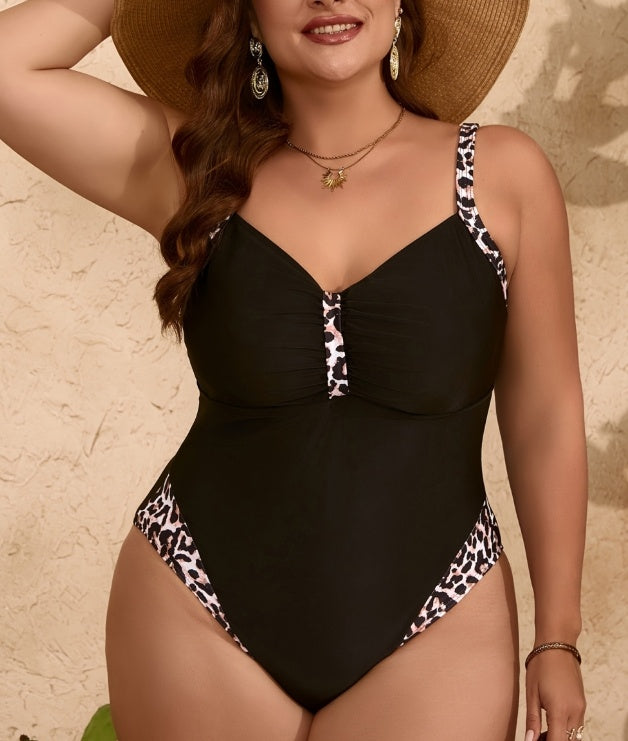 Women's Plus Size Black with Leopard Trim One-piece Casual Swimsuit