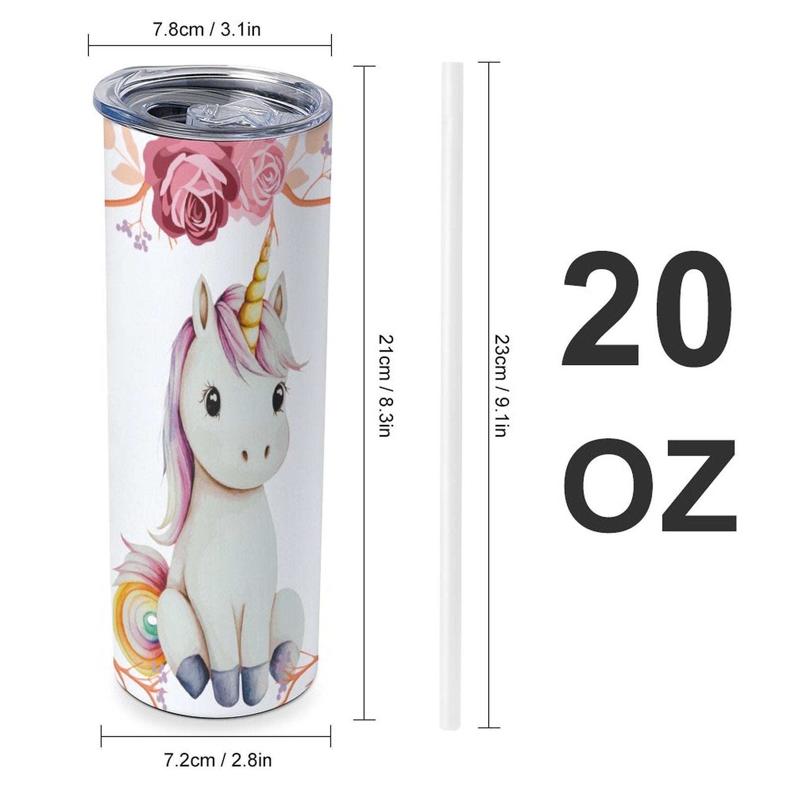 Baby Unicorn with Pink Roses 20oz Stainless Steel Travel Mug with Lid