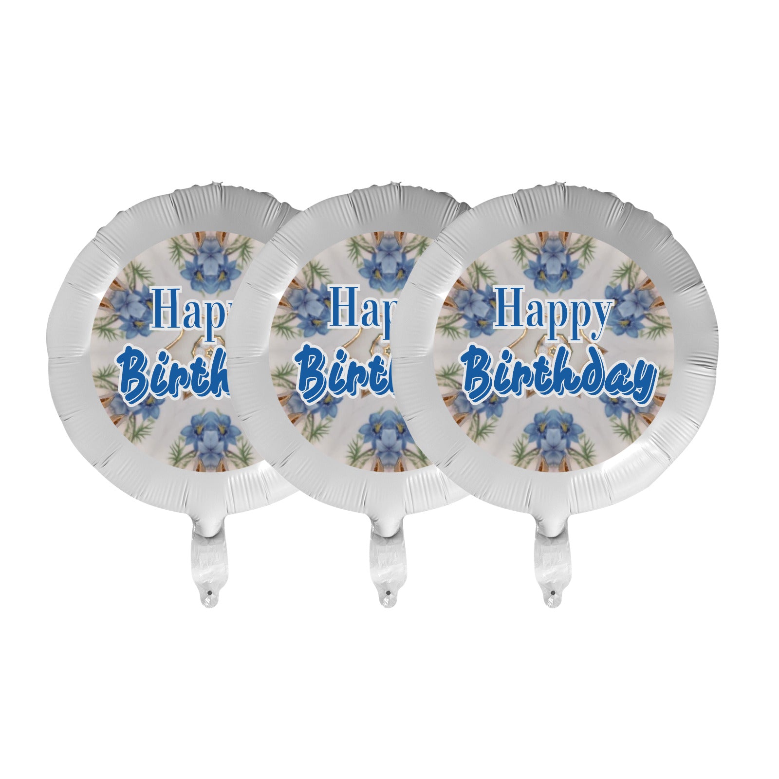 Happy Birthday Blue Floral Design 18-inch Custom Aluminum Foil Balloons - Pack of 3 (Made in USA)