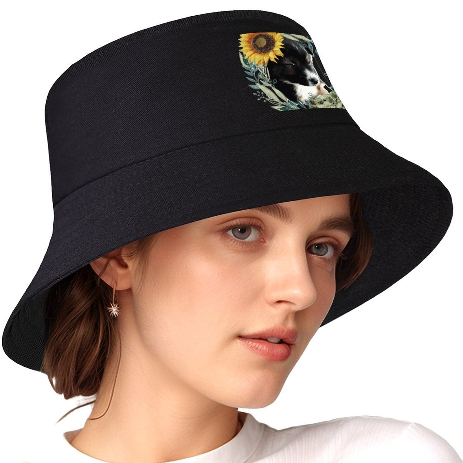Black Bucket Hat with Cute Puppy for Women & Men (Front Printing)