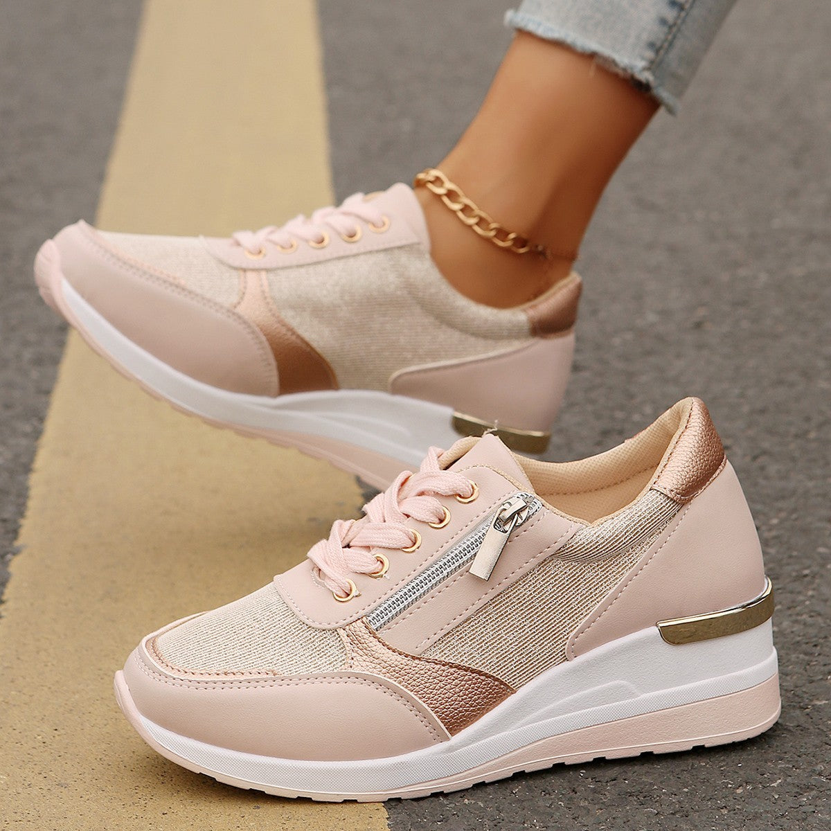 Women's Lace-up Side Zip Design Thick-soled Casual Shoes Sneakers