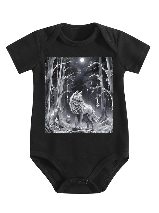 Ethereal Wolf in the Moonlight Unisex Cotton Short Sleeve Baby Romper