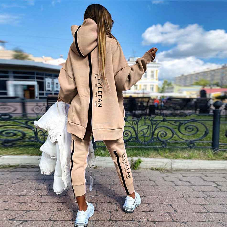 Long Hoodie Sweatsuit Jogger Pantsuit - Comfortable Outfit