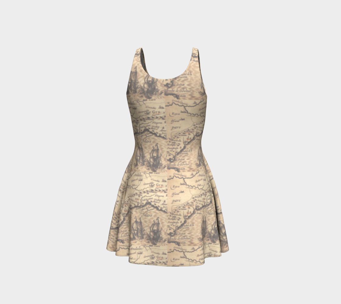 Old World Map Beige Sleeveless Short Flared Dress