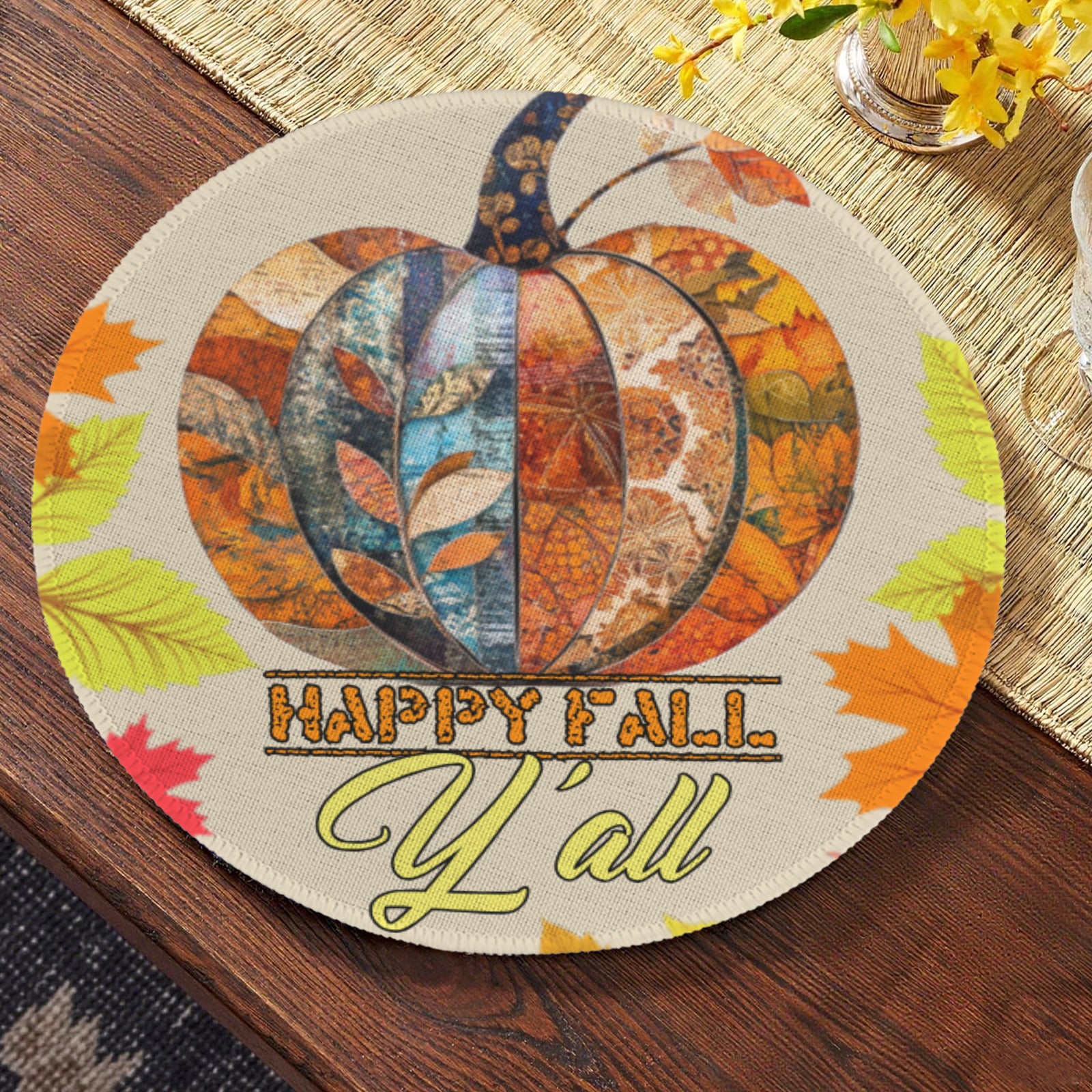 Happy Fall Y'all Pumpkin Autumn Round Place Mat (Made in USA)