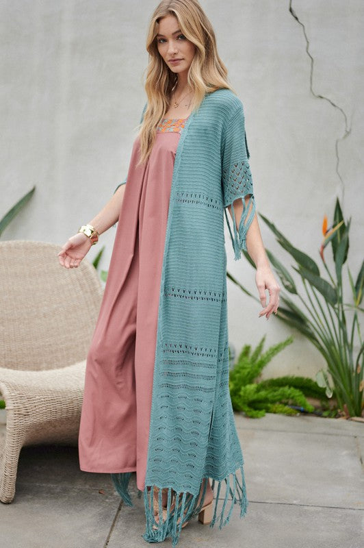 Women's Solid Long Cardigan with Fringe