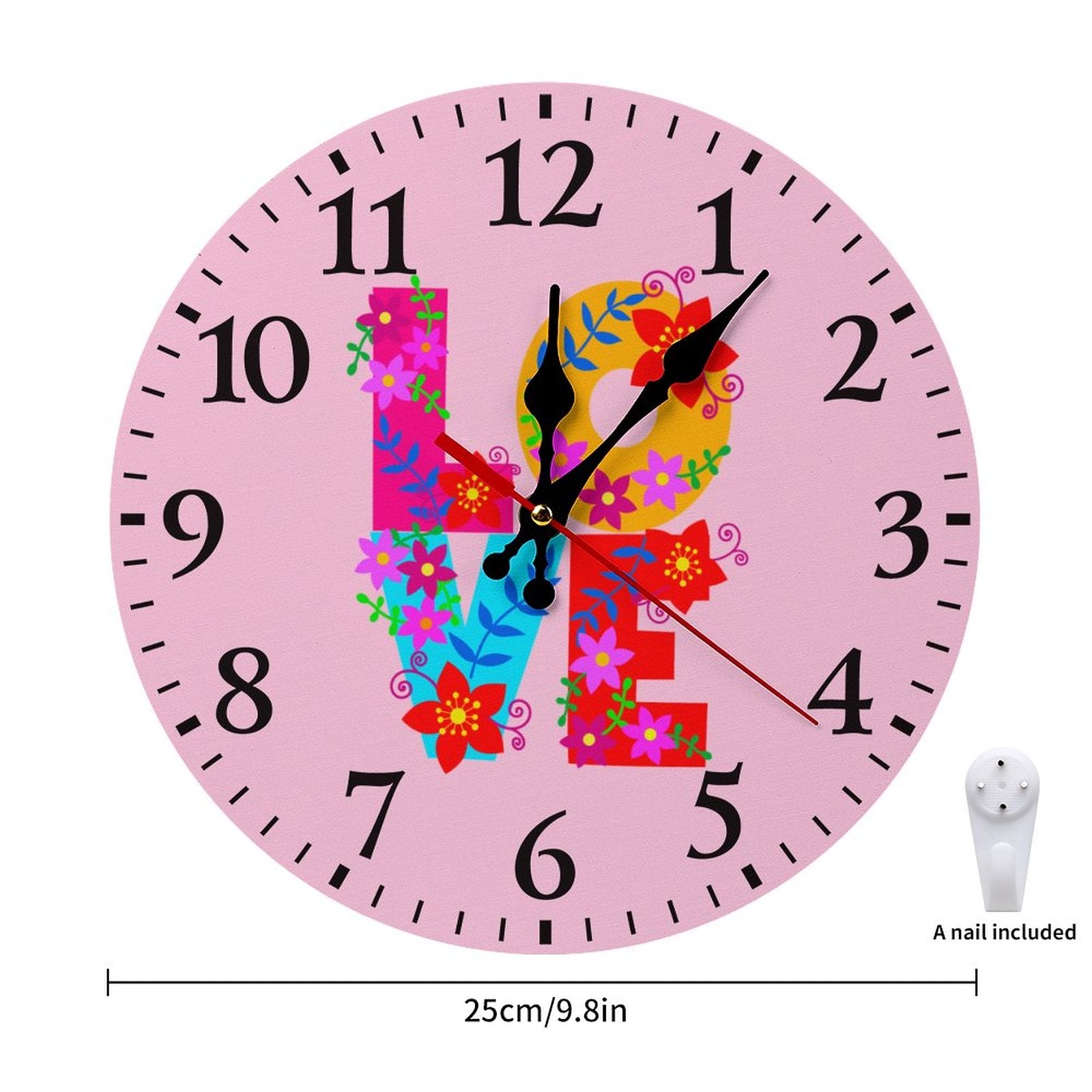 Floral LOVE Pink Modern Wooden Wall Clock