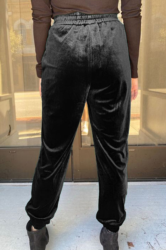 Women's Black Vintage Pocket Velvet Jogger Pants
