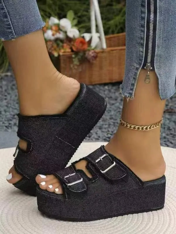Women's Raw Hem Wedge Buckle Sandals