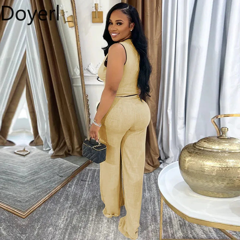 Women's Elegant 2 Piece Set Double-breasted Vest Top and Wide Leg Pants Suit Outfit