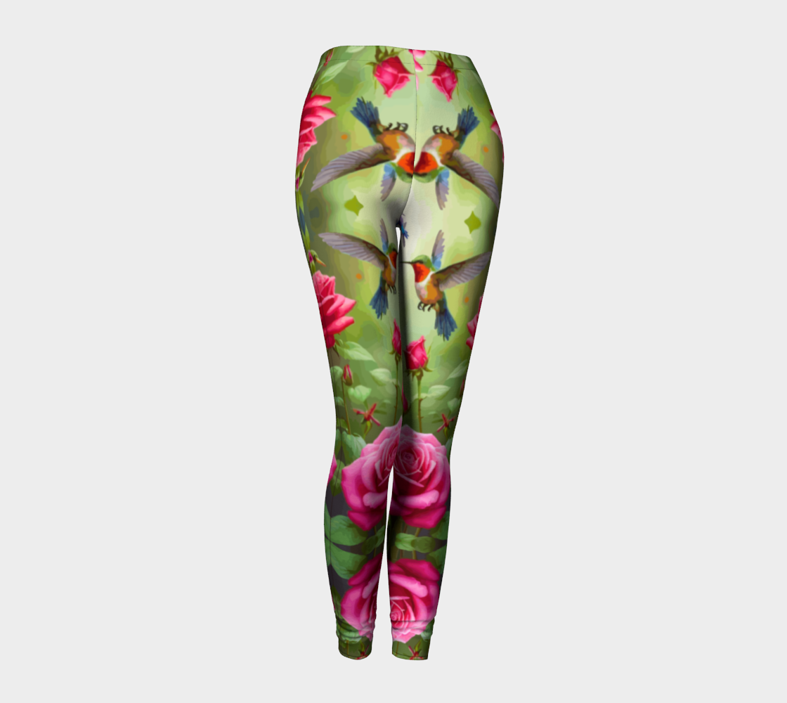 Hummingbirds and Pink Roses Printed Leggings