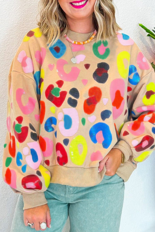 Women's Khaki Colorful Leopard Print Drop Shoulder Sweatshirt