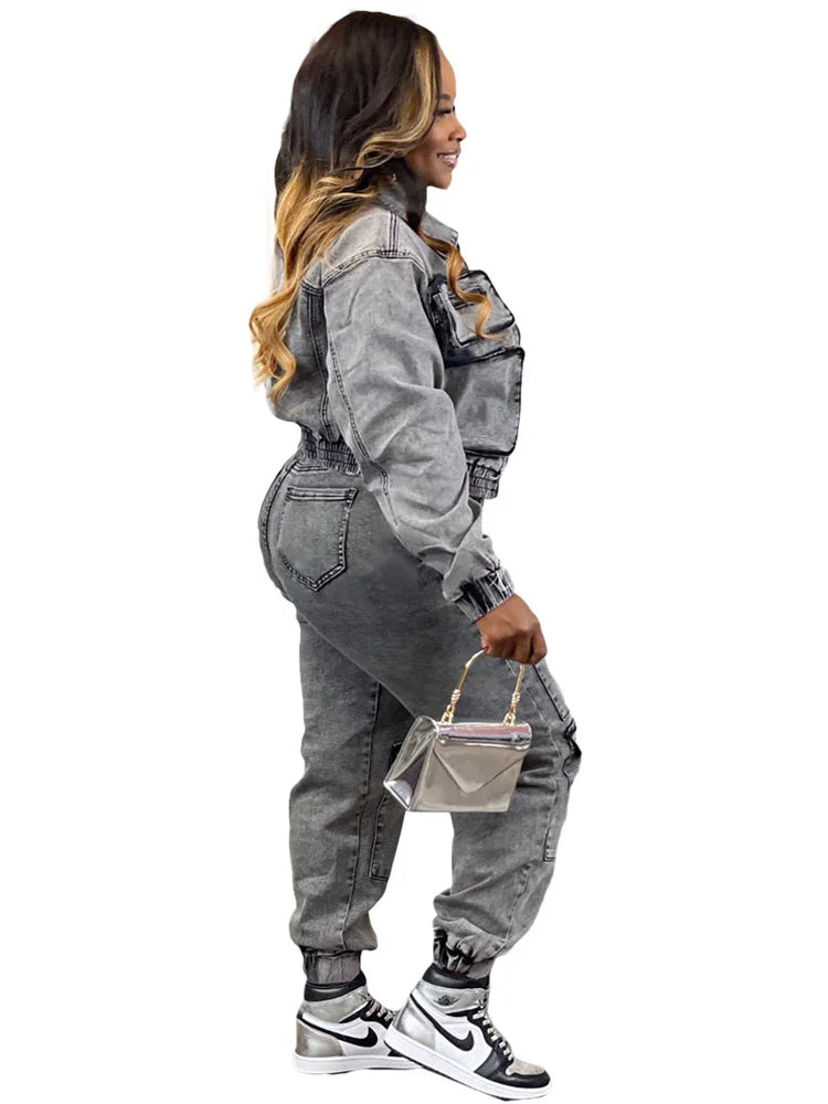 Wmstar Denim 2 Piece Set Women Jacket and Cargo Pants
