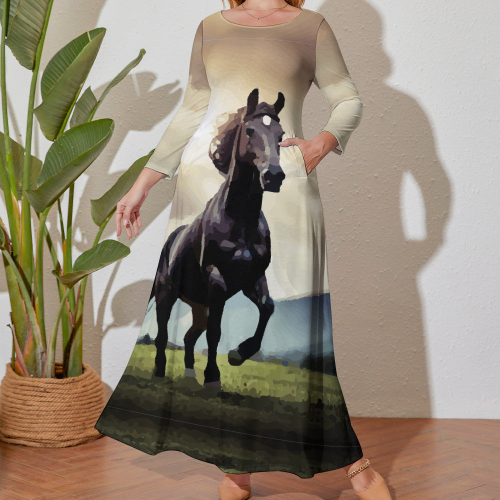 Women's Wild Black Horse Plus Size Long Sleeve Maxi Dress