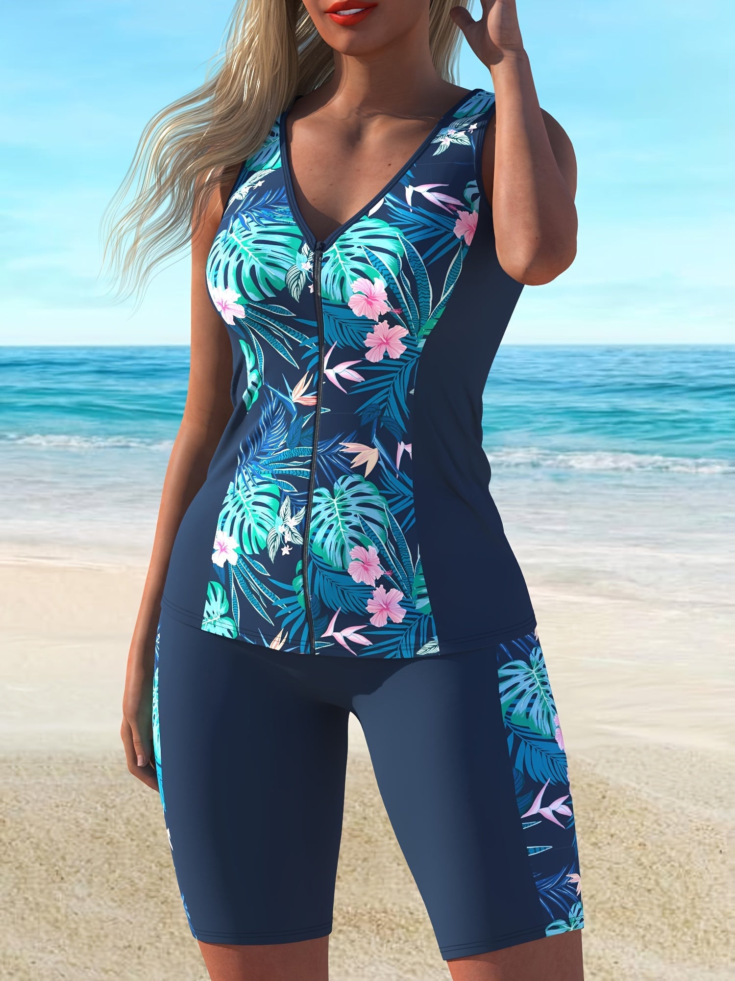 Trendy Blue Striped Tankini Swimsuit Set for Women, Perfect for Beach Leisure.