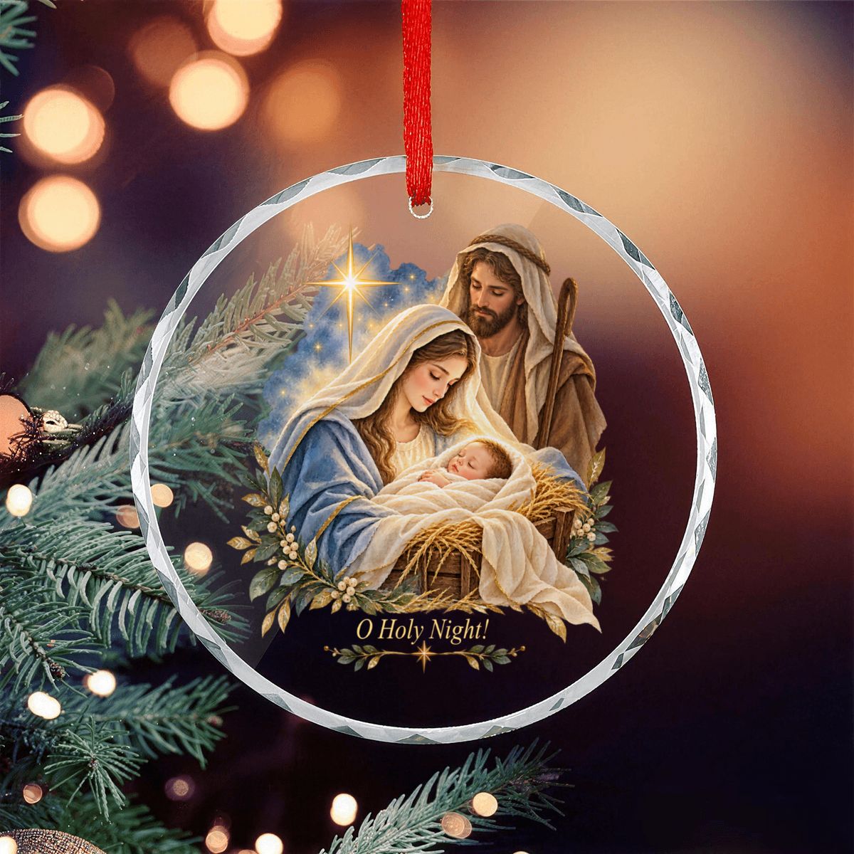 O Holy Night Baby Jesus Round Glass Christmas Ornament (Made in USA)