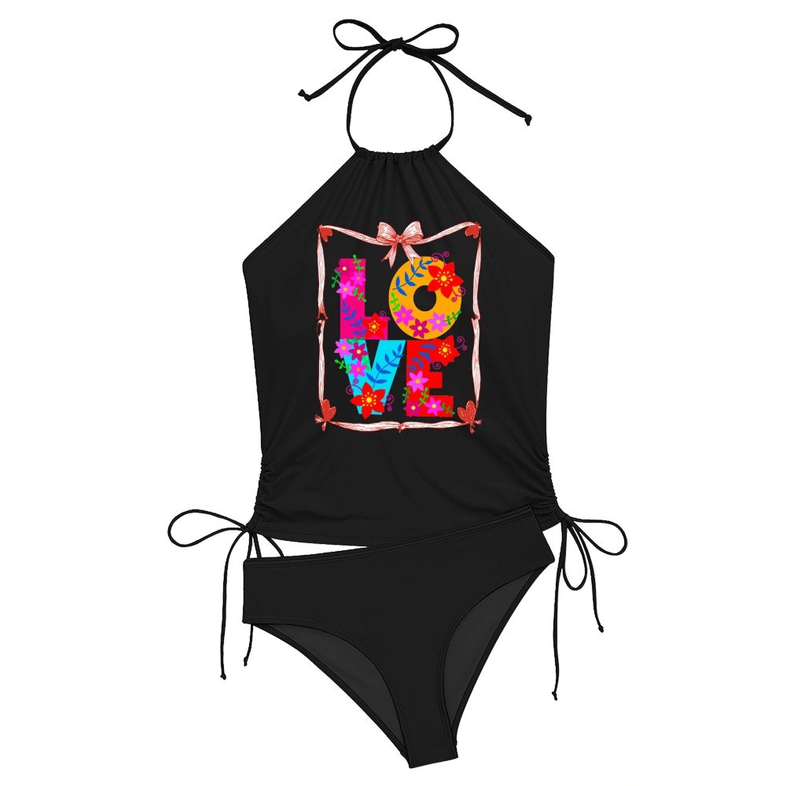 Floral LOVE Halter High Neck 2-Piece Swimsuit Set for Women (Front Printing)