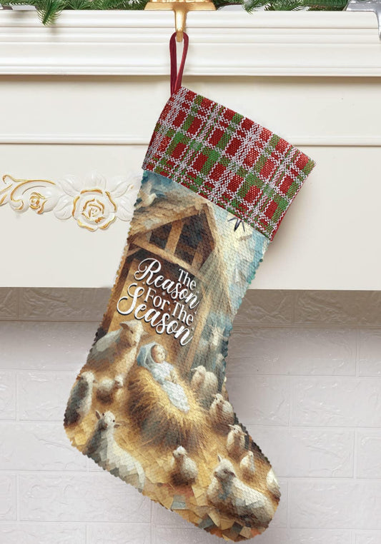 Baby Jesus Reason for the Season Sequin Christmas Stocking (Made in USA)
