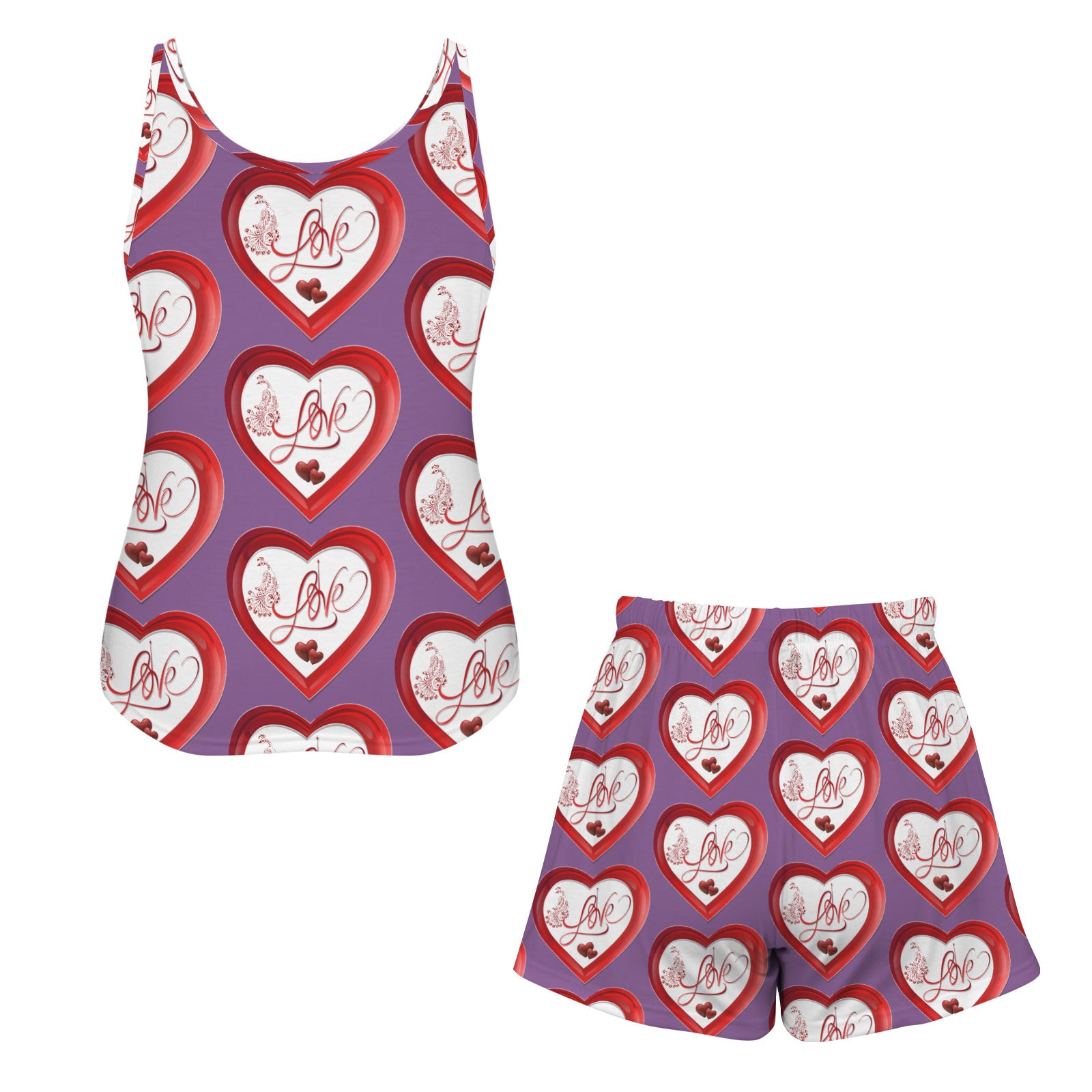 Red Love and Peacock Design Heart on Purple 2-piece Tank Top Pajama Shorts Set (Made in USA)