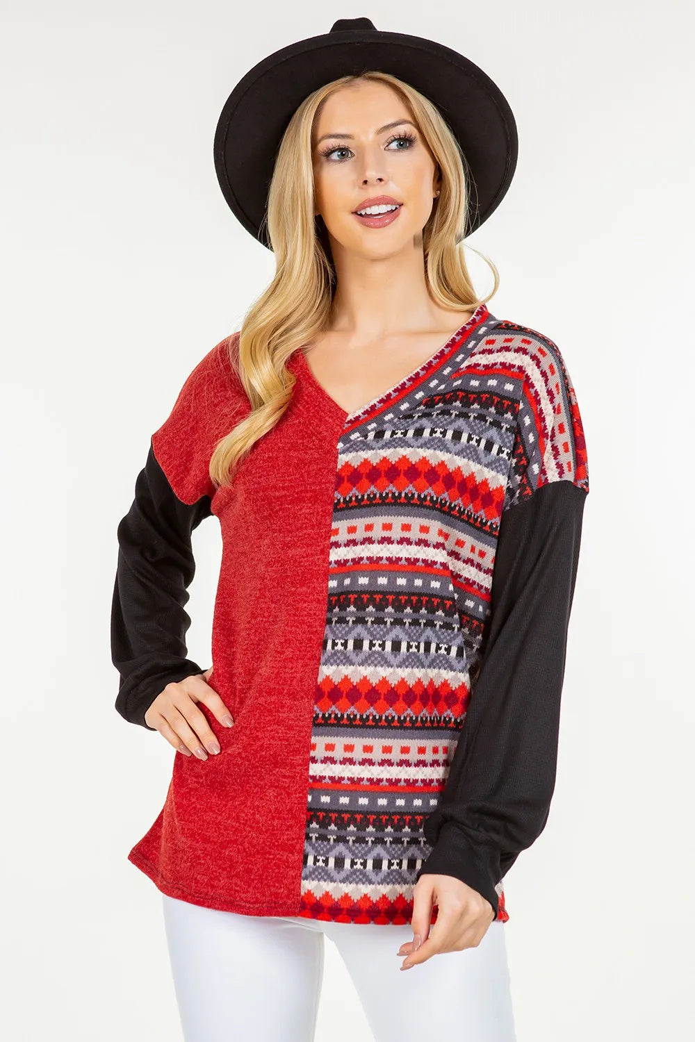 Women's Celeste Full Size Contrast Geometric V-Neck Long Sleeve Blouse