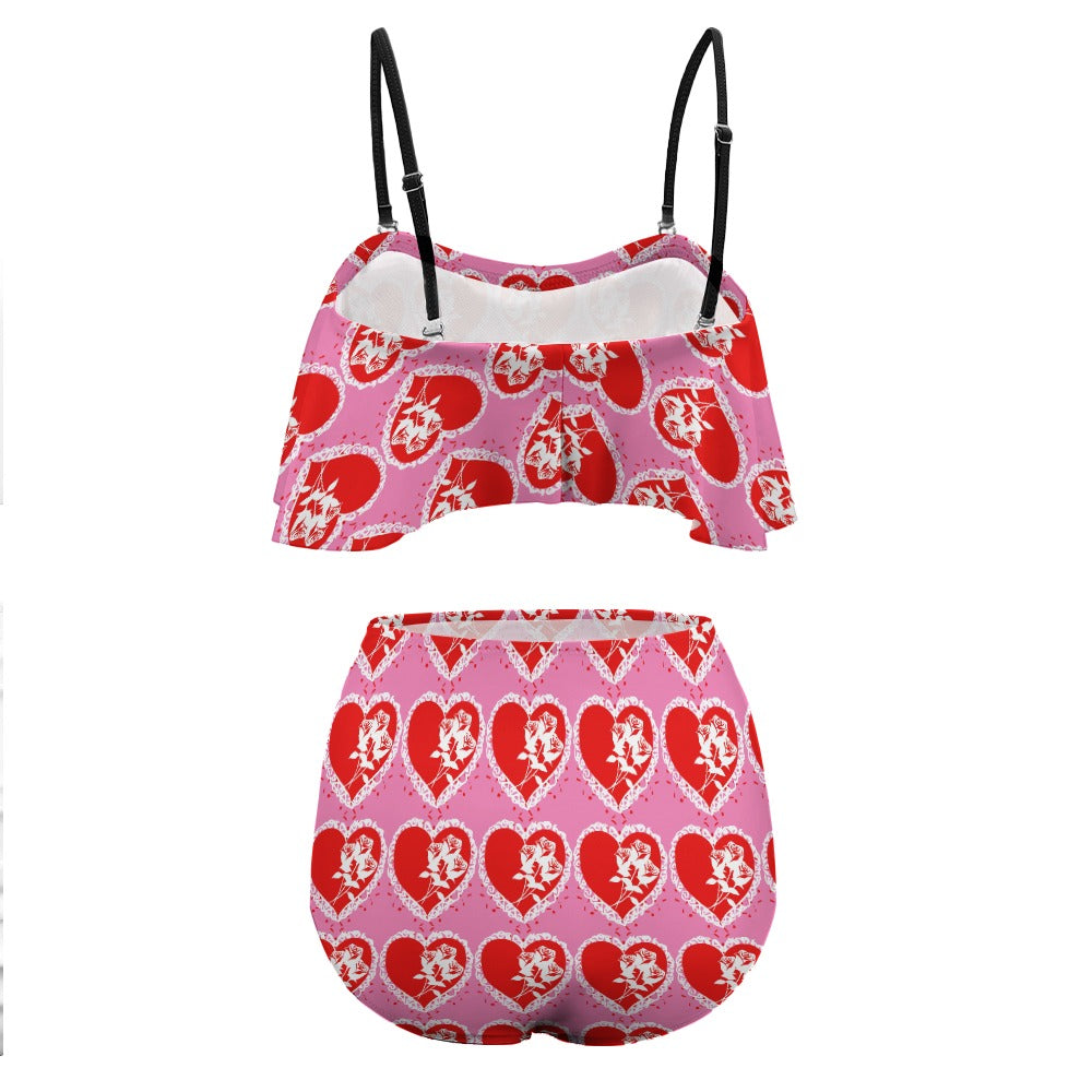 Women's Pink with Red Hearts Colorful Loose Top Bikini Swimsuit
