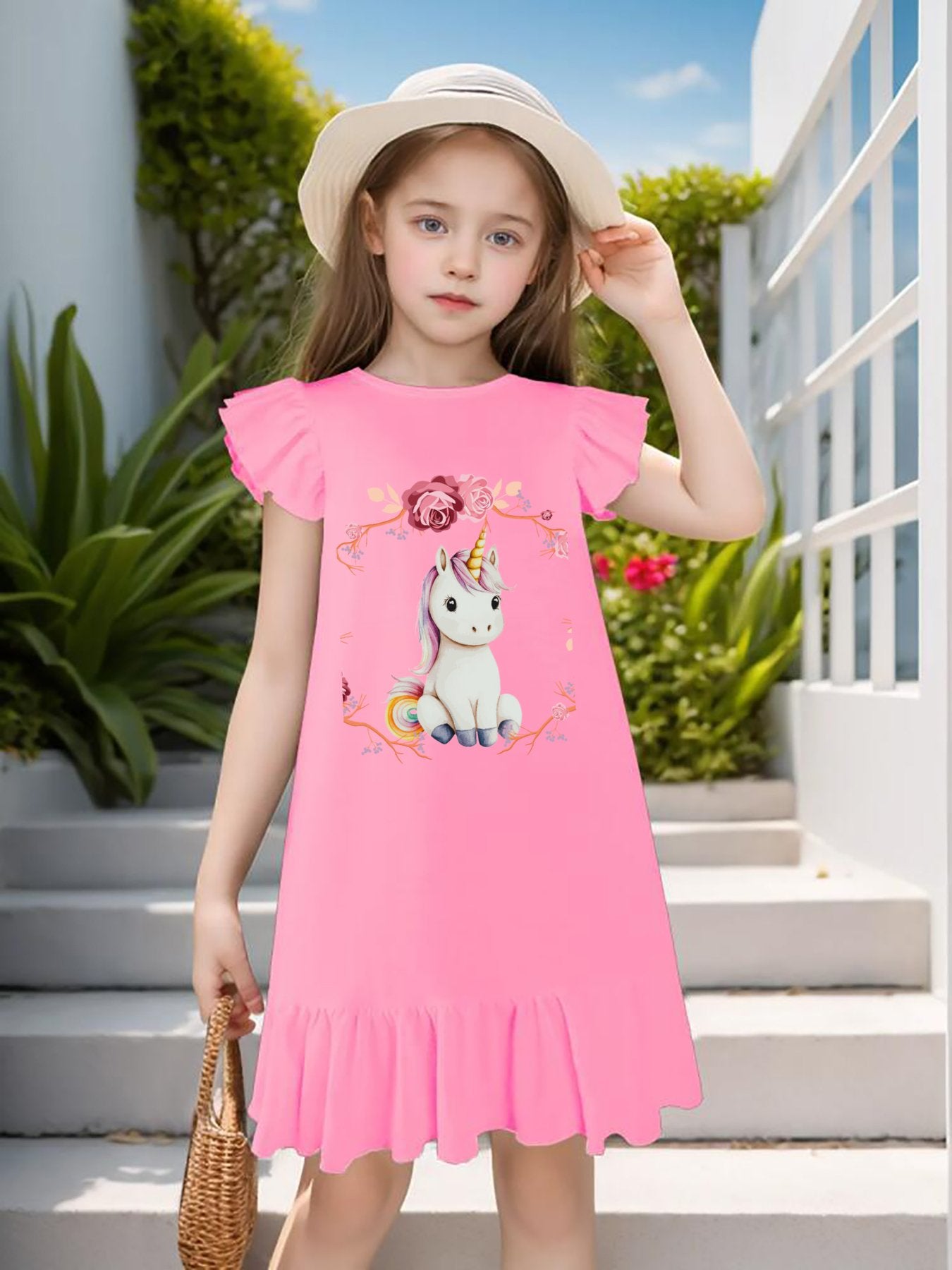 Baby Unicorn with Pink Roses Flutter Sleeve Dress for Girls (Front Printing)