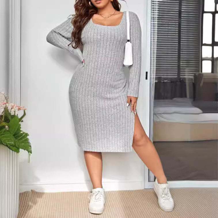 Women's Long Sleeve Narrow Slit Slim-fitting Sunken Stripe Knitted Sweater Dress