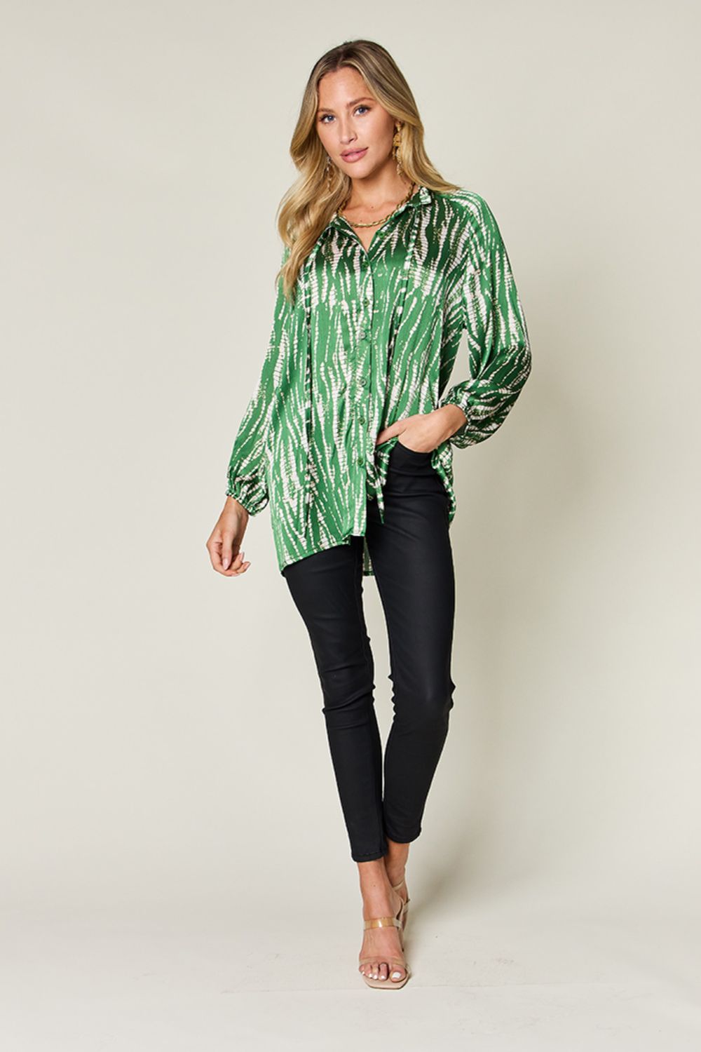 Women's Double Take Printed Button Up Long Sleeve Shirt