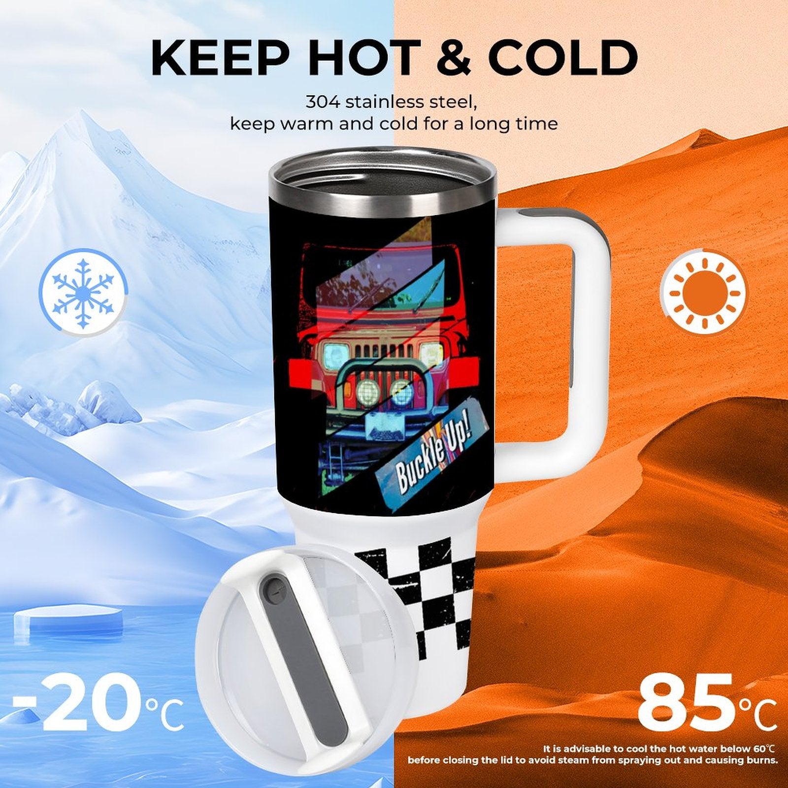 Buckle Up 4-wheel Drive 40oz Stainless Steel Insulated Tumble with Handle & Lid (Made in USA)