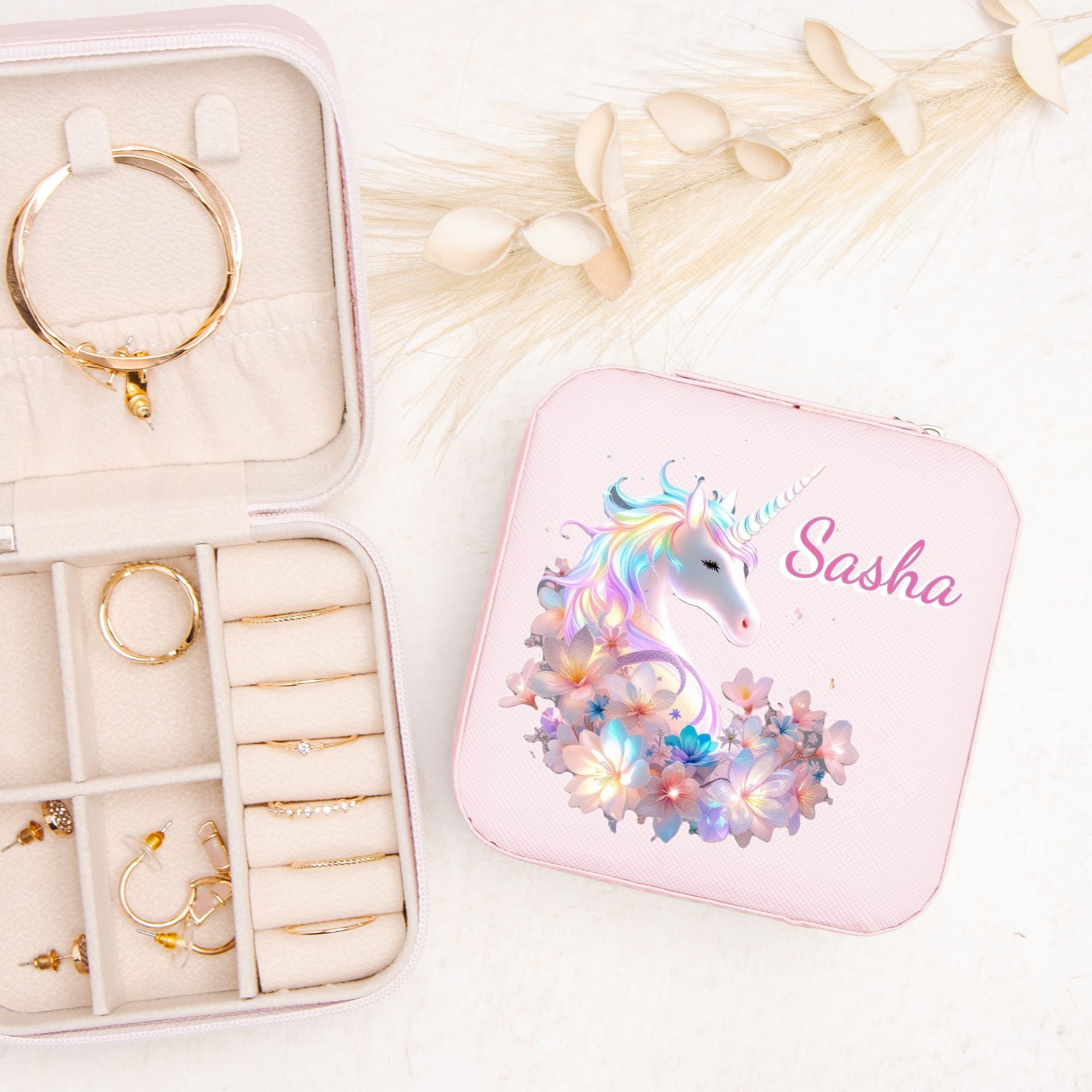Beautiful Unicorn Jewelry Box Travel Case with Custom Name