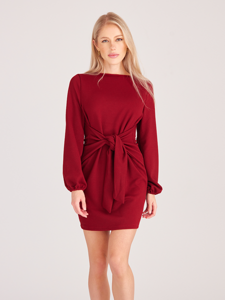 Lantern Sleeve Tie Waist Knit Mini Dress H72DS3TP7T