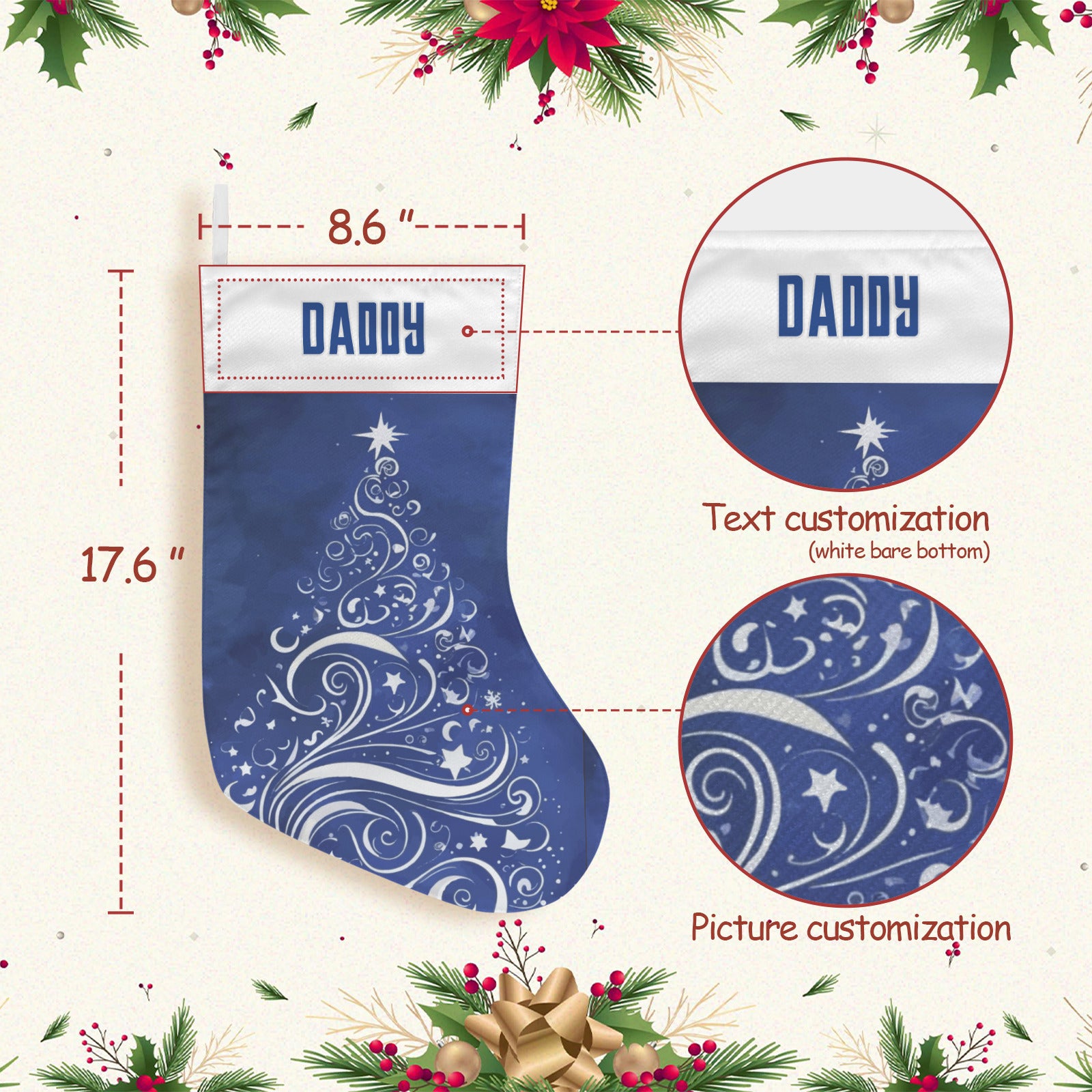 Personalizable Silver Swirls Christmas Tree on Blue Christmas Stocking (Made in USA)
