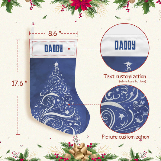 Personalizable Silver Swirls Christmas Tree on Blue Christmas Stocking (Made in USA)