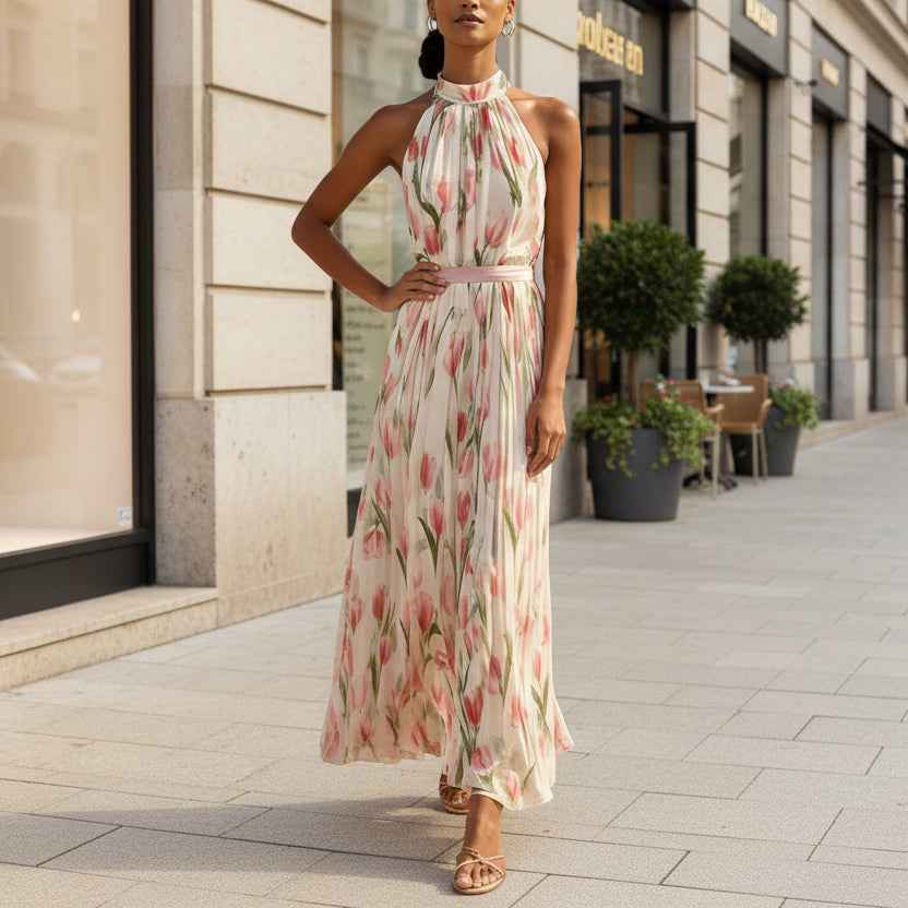 Women's Halterneck High-Waist Swing Dress – Floral & Solid Prints