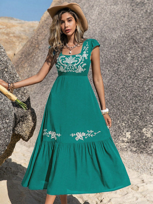 Embroidered Green Square Neck Cap Sleeve Midi Dress