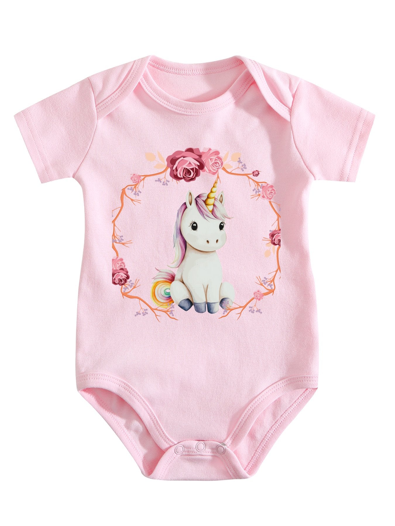 Baby Unicorn with Pink Roses Unisex Cotton Short Sleeve Baby Romper