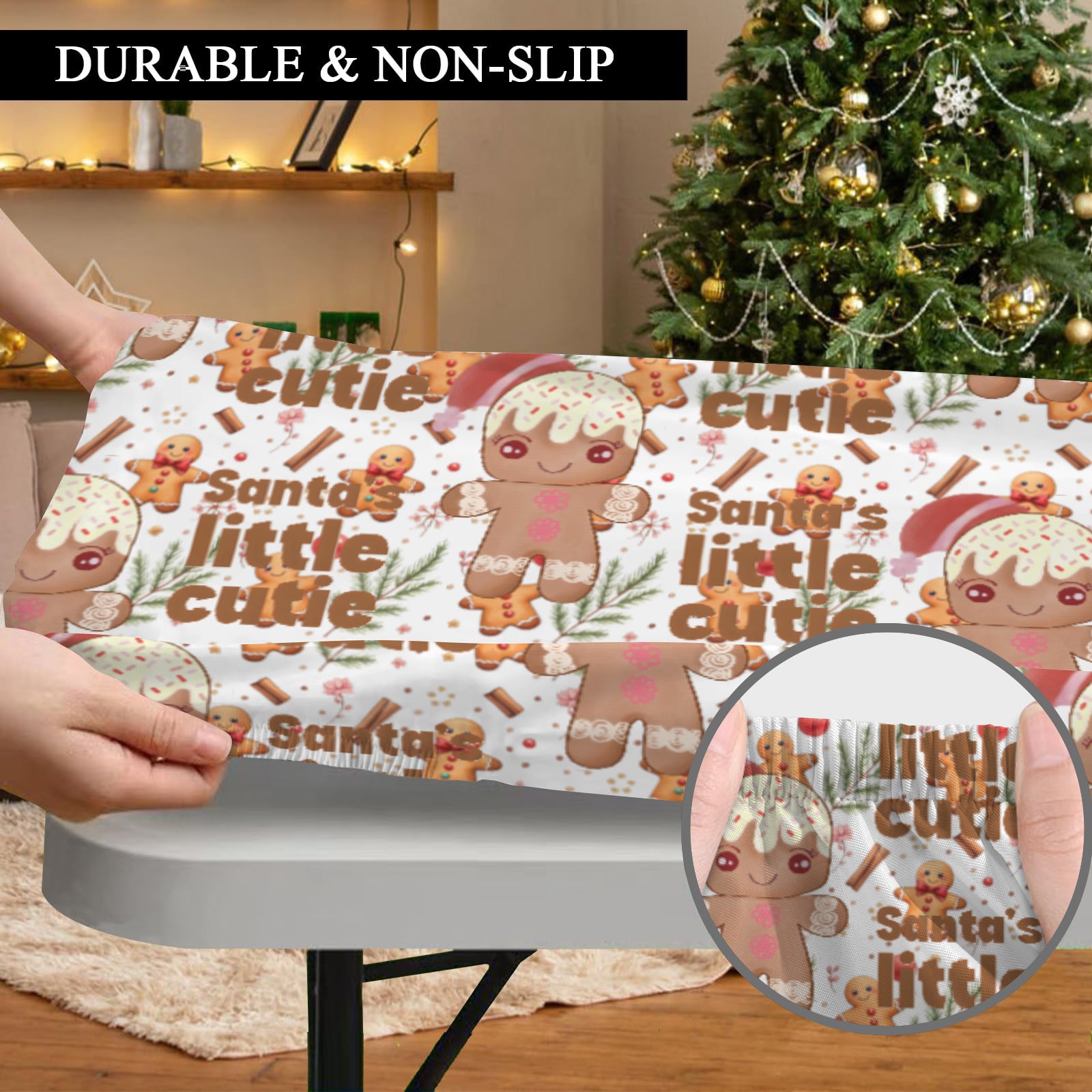 Santa's Little Cutie Gingerbread Boy Elastic Fitted Tablecloth - 72