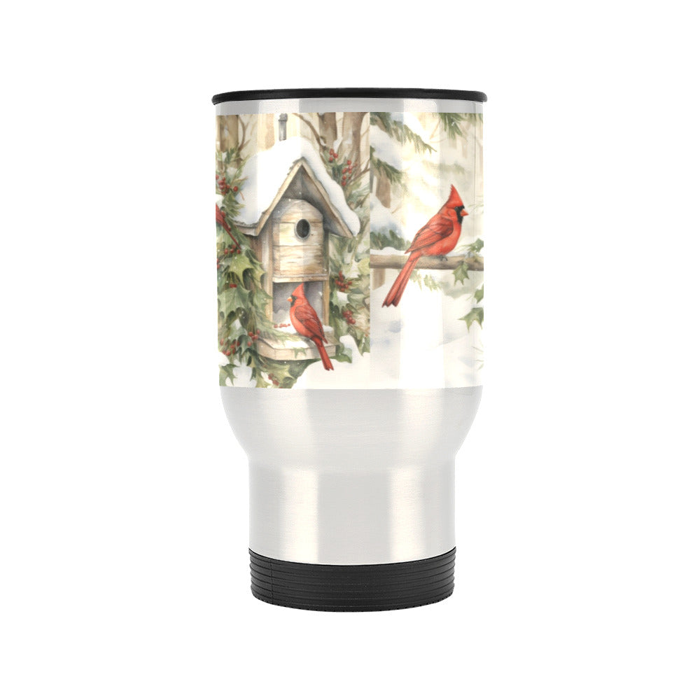 Red Birds in Snow Travel Mug (Silver) (14 Oz)(Made in USA)