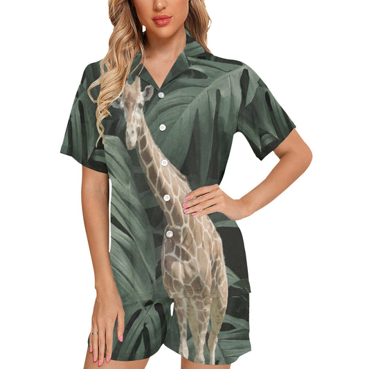 Women's Green Giraffe Button Front Shorts & Shirt Pajama Set (Made in USA)